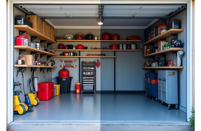 Small single-car garage before and after maximizing space using vertical storage