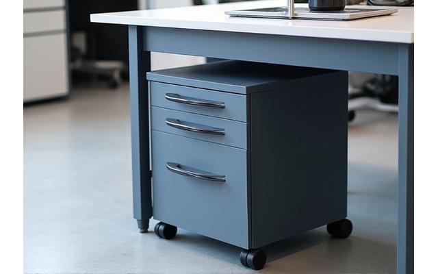 Compact, mobile storage pedestal with three drawers, fitting neatly under an office desk.
