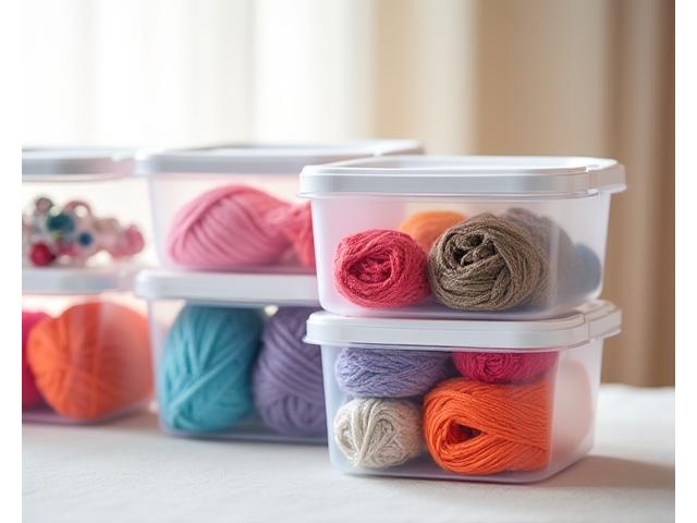 Stackable clear plastic bins with secure lids, neatly arranged and filled with various craft supplies like colorful yarns and fabric scraps, demonstrating compact and organized storage.
