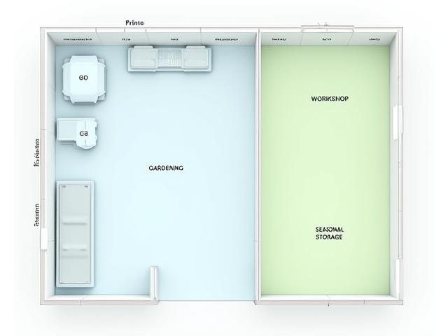An overhead diagram illustrating a garage floor plan divided into color-coded zones for different activities: 'Gardening,' 'Workshop,' 'General Storage,' with corresponding modular shelving and organizers within each zone.