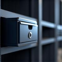 A small locking cabinet or drawer integrated into a modular shelving unit