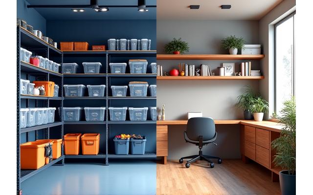 Diverse modern shelving installations in garage, home, and office environments, showing various items organized